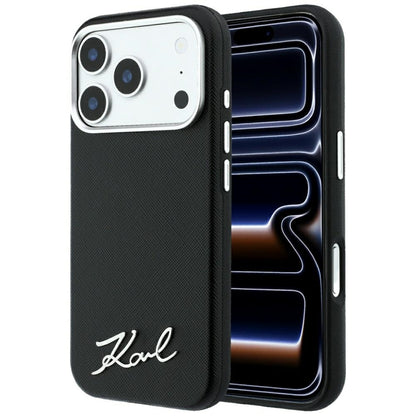MagSafe Case for Apple iPhone 18 Pro Max / 17 Pro Max, Karl Lagerfeld, Saffiano Small Script Metal Logo, Black