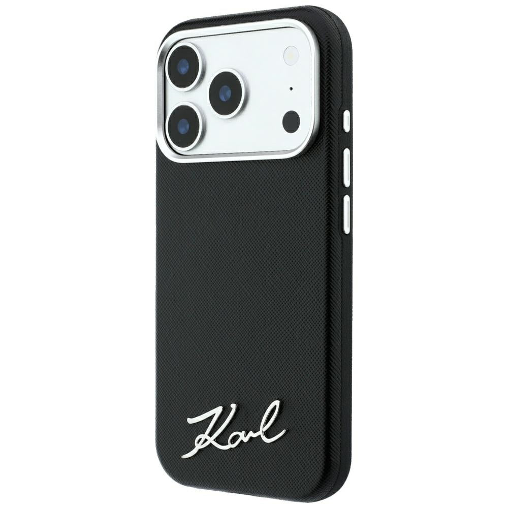 MagSafe Case for Apple iPhone 18 Pro Max / 17 Pro Max, Karl Lagerfeld, Saffiano Small Script Metal Logo, Black