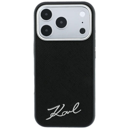 MagSafe Case for Apple iPhone 18 Pro Max / 17 Pro Max, Karl Lagerfeld, Saffiano Small Script Metal Logo, Black