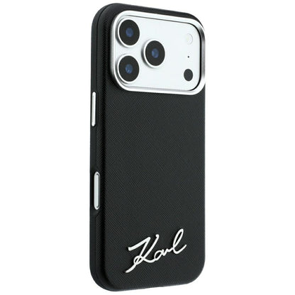 MagSafe Case for Apple iPhone 18 Pro Max / 17 Pro Max, Karl Lagerfeld, Saffiano Small Script Metal Logo, Black