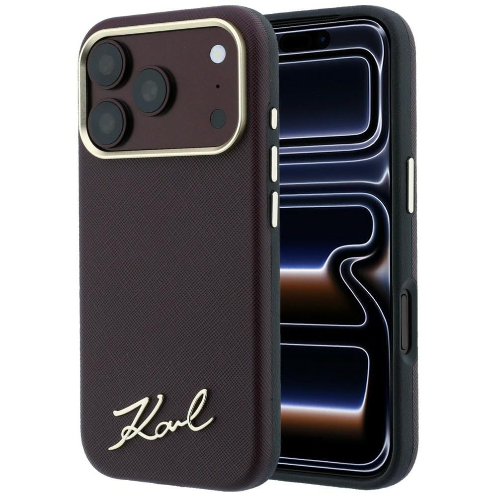 MagSafe Case for Apple iPhone 18 Pro Max / 17 Pro Max, Karl Lagerfeld, Saffiano Small Script Metal Logo, Burgundy