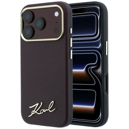 MagSafe Case for Apple iPhone 18 Pro Max / 17 Pro Max, Karl Lagerfeld, Saffiano Small Script Metal Logo, Burgundy