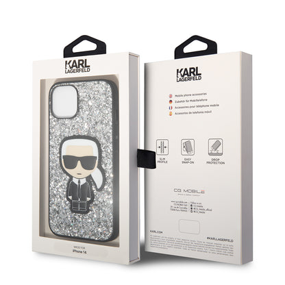 Case for Apple iPhone 14, Karl Lagerfeld, Glitter Flakes Ikonik Karl, Silver