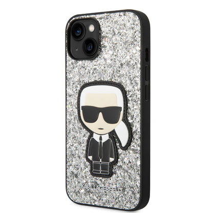Case for Apple iPhone 14, Karl Lagerfeld, Glitter Flakes Ikonik Karl, Silver