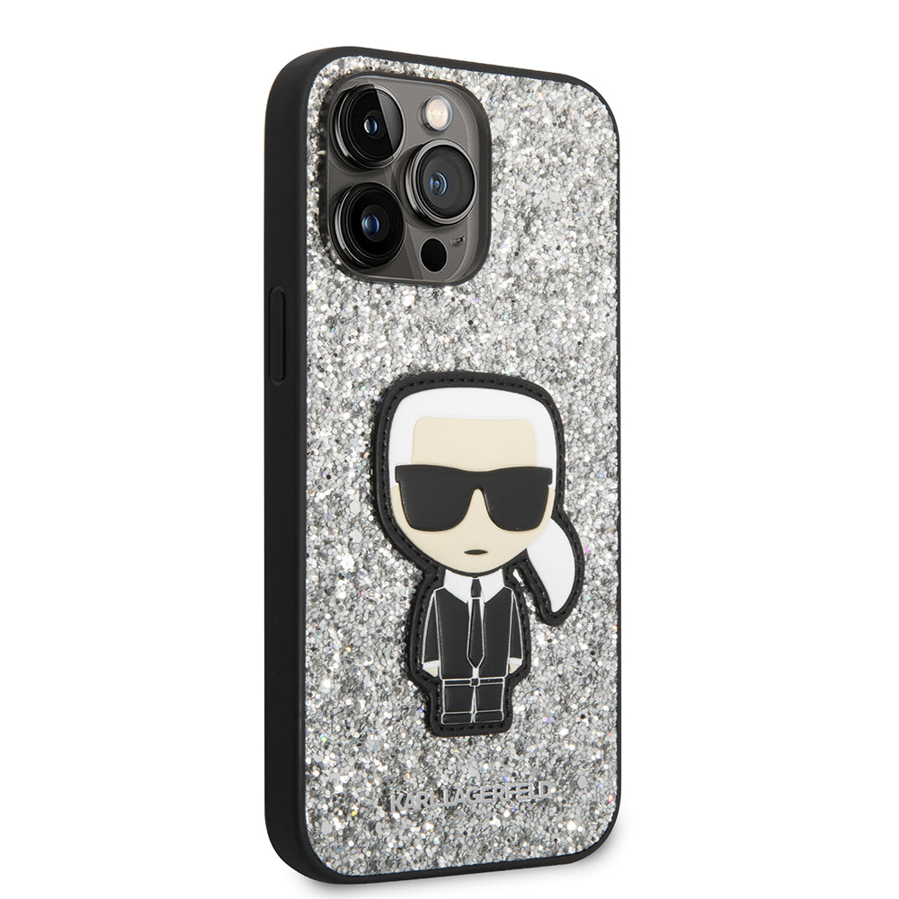 Case for Apple iPhone 14 Pro Max, Karl Lagerfeld, Glitter Flakes Ikonik Karl, Silver