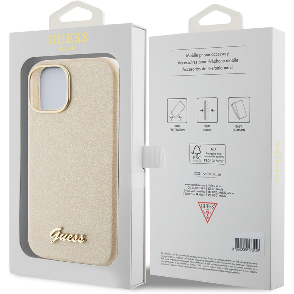 Case for Apple iPhone 15, Guess, Glitter Glossy Script, Beige