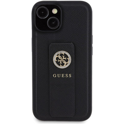Case for Apple iPhone 15, Guess, Grip Stand 4G Saffiano Strass, Black