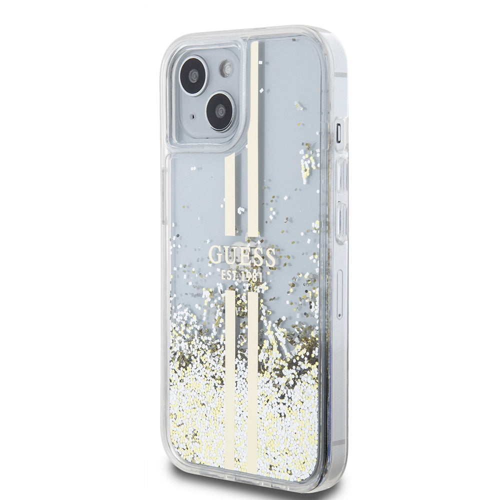 Case for Apple iPhone 15, Guess, Liquid Glitter Gold Stripes, Transparent