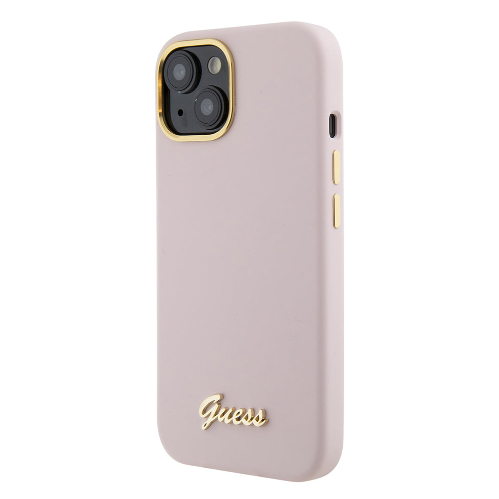 Case for Apple iPhone 15, Guess, Script Metal Logo & Frame, Light Pink
