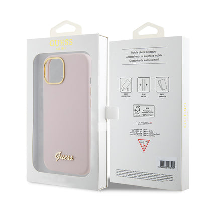 Case for Apple iPhone 15, Guess, Script Metal Logo & Frame, Light Pink