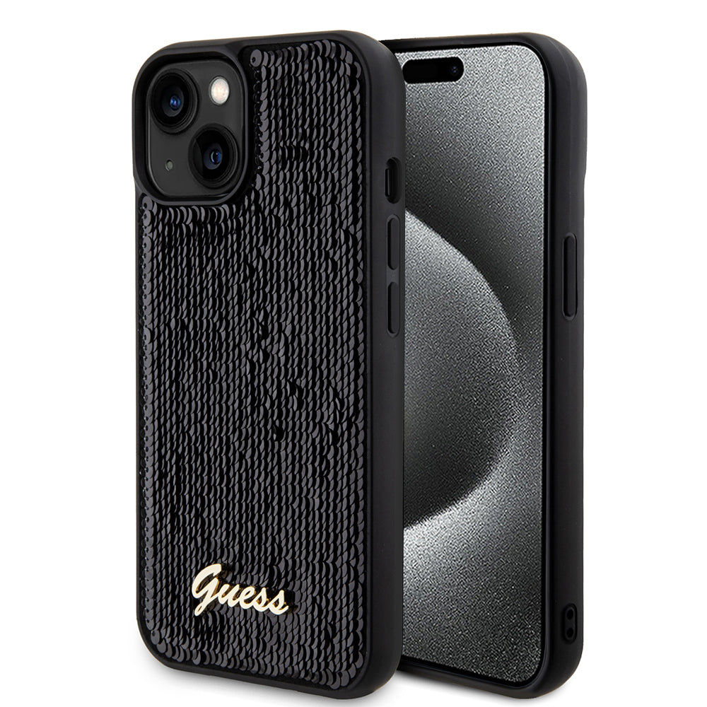 Case for Apple iPhone 15, Guess, Sequin Script Metal, Black