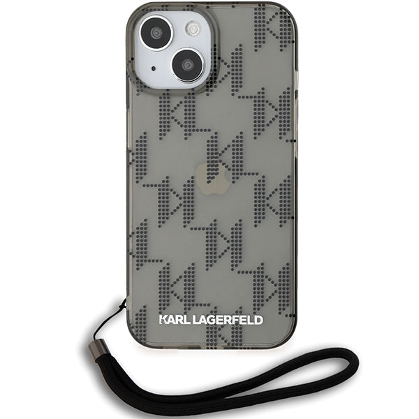 Case for Apple iPhone 15, Karl Lagerfeld, IML Luxury Monogram KL Pattern with Strap, Black