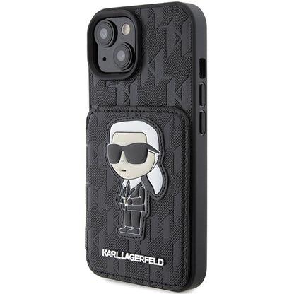 Case for Apple iPhone 15, Karl Lagerfeld, Saffiano Cardslots and Stand Monogram Ikonik Karl, Black