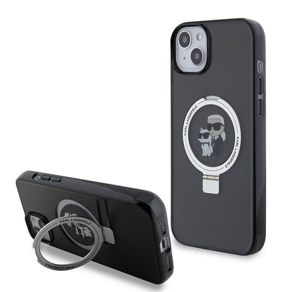 Case for Apple iPhone 15 Plus, Karl Lagerfeld, Ringstand Karl & Choupette, Black