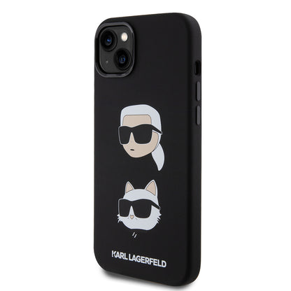 Case for Apple iPhone 15 Plus, Karl Lagerfeld, Silicone Karl & Choupette's Heads, Black