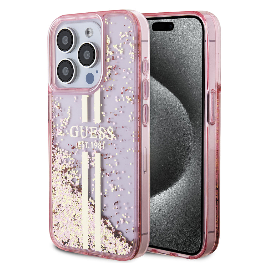 Case for Apple iPhone 15 Pro, Guess, Liquid Glitter Gold Stripes, Pink