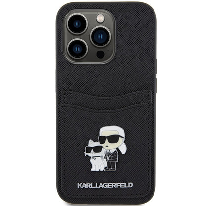 Case for Apple iPhone 15 Pro, Karl Lagerfeld, Saffiano Card Slot Metal Karl & Choupette, Black