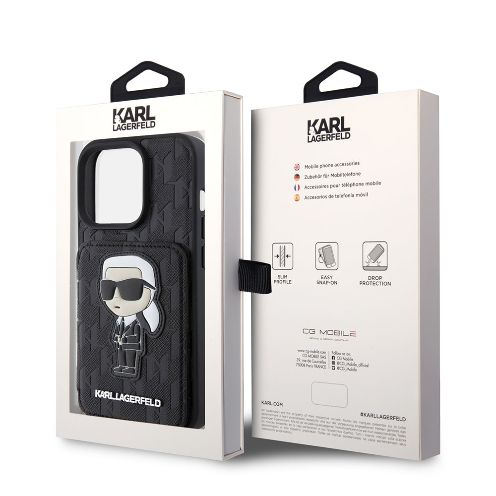Case for Apple iPhone 15 Pro, Karl Lagerfeld, Saffiano Cardslots and Stand Monogram Ikonik Karl, Black
