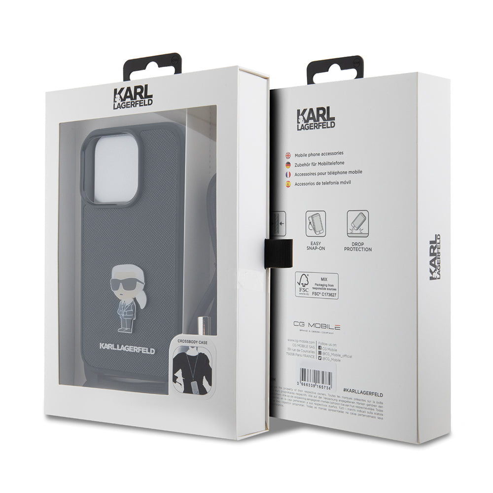 Case for Apple iPhone 15 Pro, Karl Lagerfeld, Saffiano Crossbody Monogram Metal Pin Karl, Black
