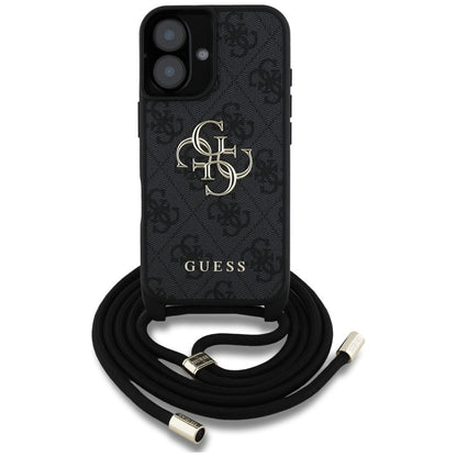 Case for Apple iPhone 16, Guess, 4G CBDY Big Logo with Cord Strap, Black