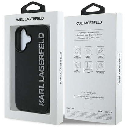 Case for Apple iPhone 16, Karl Lagerfeld, 3D Rubber Elongated Glitter Logo, Black