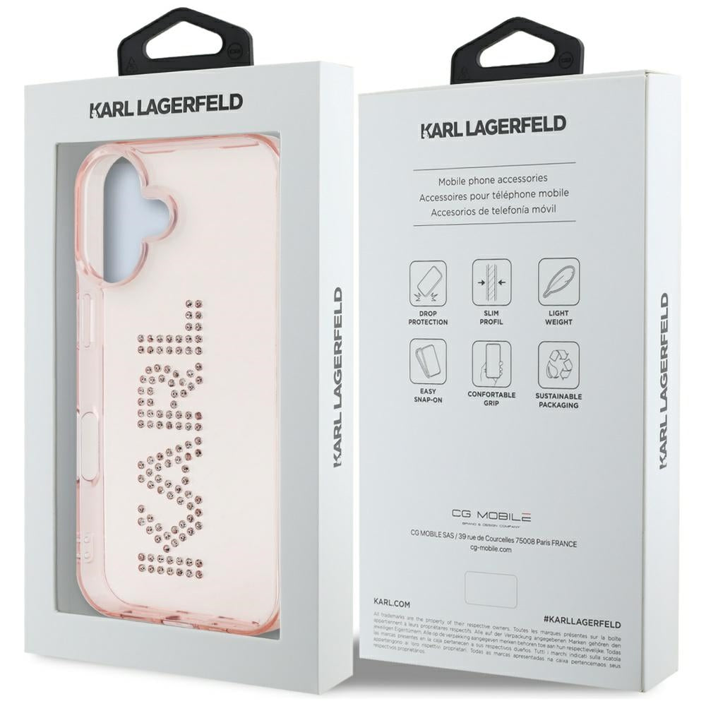 Case for Apple iPhone 16, Karl Lagerfeld, IML Rhinestones Pink Logo, Pink