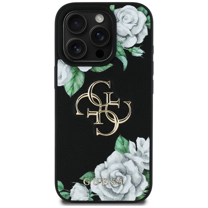 Case for Apple iPhone 16 Pro, Guess, 4G Grained Roses Big Logo, Black