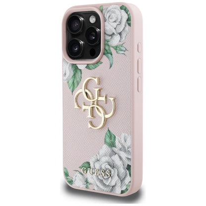 Case for Apple iPhone 16 Pro, Guess, 4G Grained Roses Big Logo, Pink
