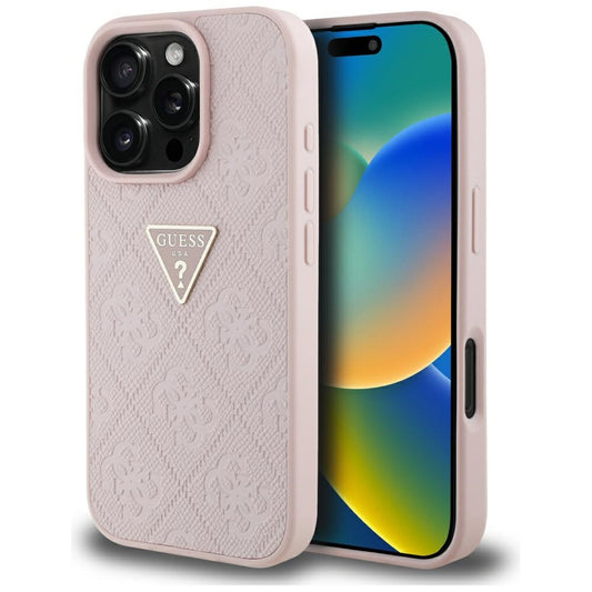 Case for Apple iPhone 16 Pro, Guess, Hot Stamp 4G Pattern Triangle Logo, Pink
