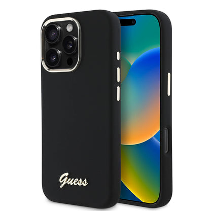 Case for Apple iPhone 16 Pro, Guess, Script Metal Logo & Frame, Black