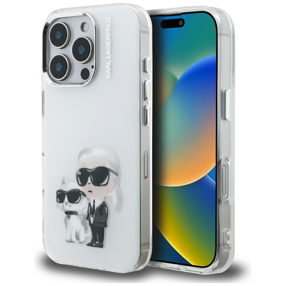 Case for Apple iPhone 16 Pro, Karl Lagerfeld, IML Aquarelle Logo Karl & Choupette, White