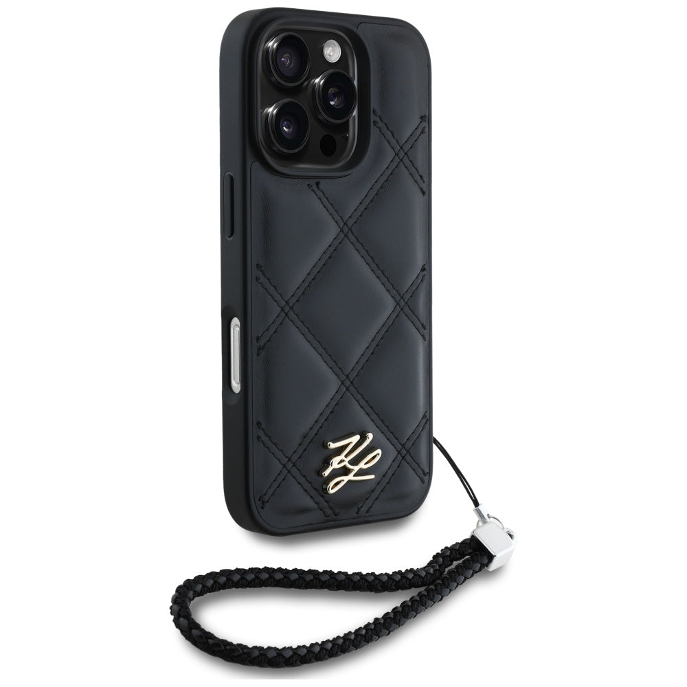 Case for Apple iPhone 16 Pro Max, Karl Lagerfeld, Quilted Initial Logo & Chain Strap, Black