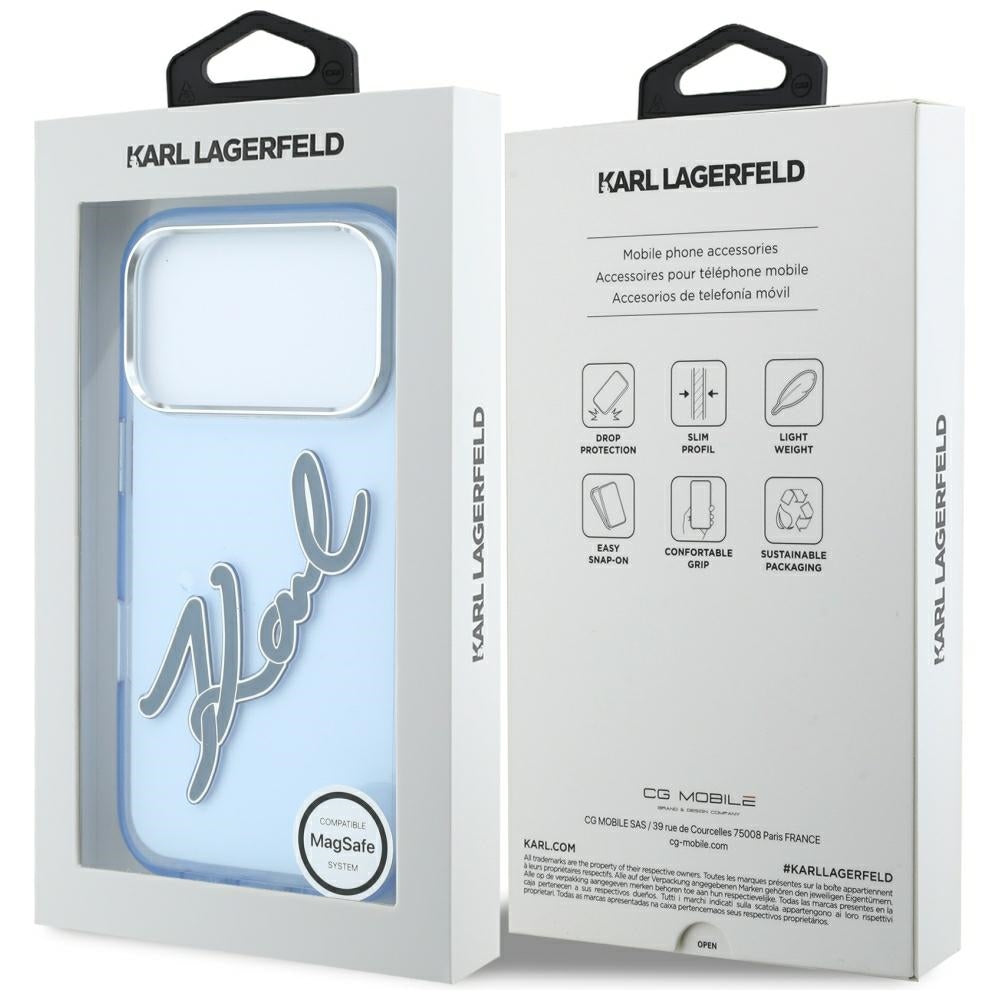 Case for Apple iPhone 18 Pro / 17 Pro, Karl Lagerfeld, IML Big Signature Resin Logo and Metal Frame, Blue