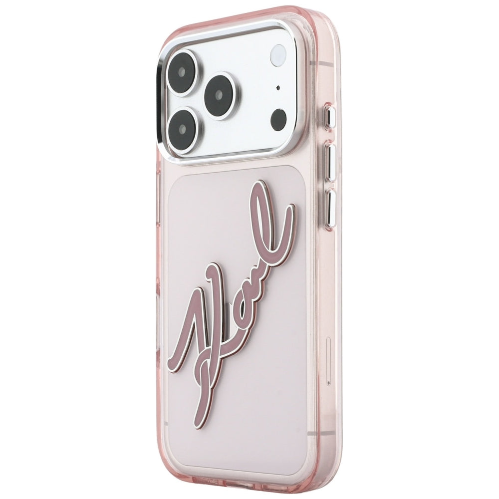 Case for Apple iPhone 18 Pro / 17 Pro, Karl Lagerfeld, IML Big Signature Resin Logo and Metal Frame, Pink