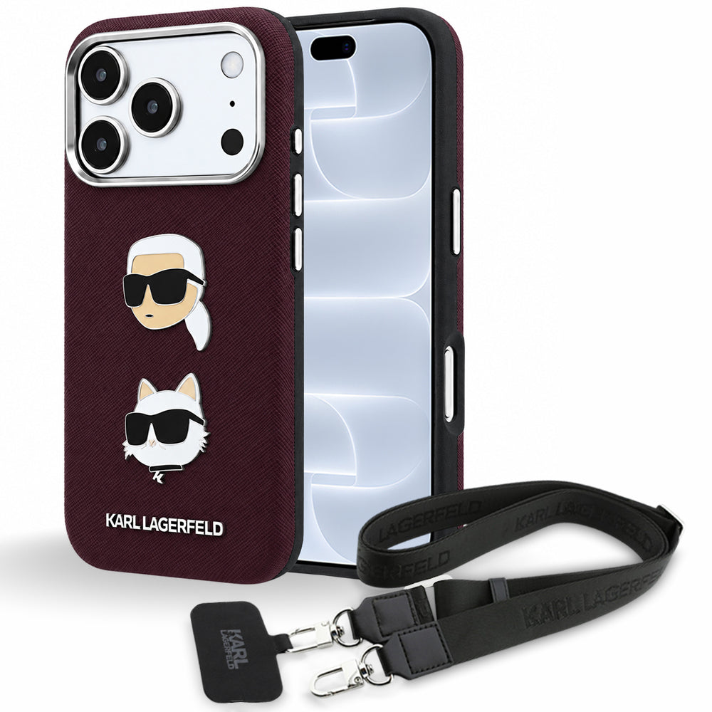 Case for Apple iPhone 18 Pro / 17 Pro, Karl Lagerfeld, Saffiano Crossbody Karl & Choupette Head's Pins Logo, Burgundy