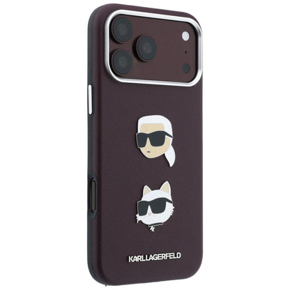 Case for Apple iPhone 18 Pro / 17 Pro, Karl Lagerfeld, Saffiano Crossbody Karl & Choupette Head's Pins Logo, Burgundy
