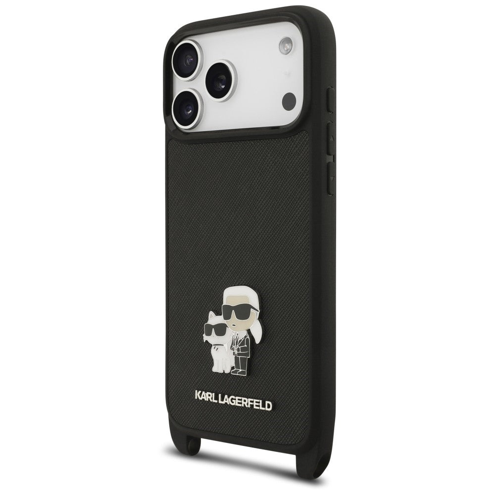 Case for Apple iPhone 18 Pro / 17 Pro, Karl Lagerfeld, Saffiano Crossbody Metal Pin Karl & Choupette, Black