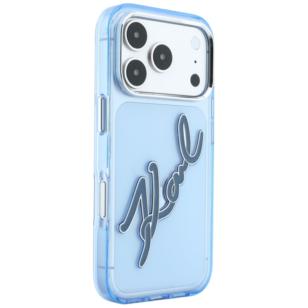 Case for Apple iPhone 18 Pro Max / 17 Pro Max, Karl Lagerfeld, IML Big Signature Resin Logo Metal Frame, Blue
