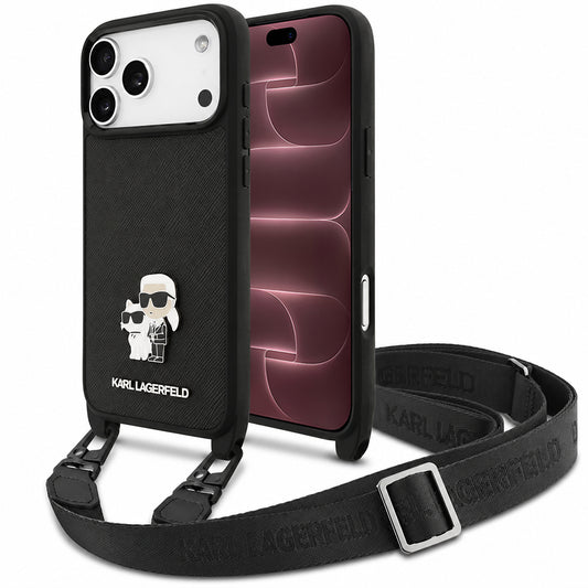 Case for Apple iPhone 18 Pro Max / 17 Pro Max, Karl Lagerfeld, Saffiano Crossbody Metal Pin Karl & Choupette, Black