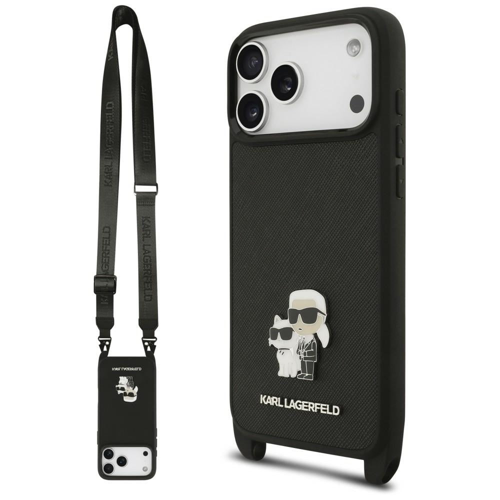 Case for Apple iPhone 18 Pro Max / 17 Pro Max, Karl Lagerfeld, Saffiano Crossbody Metal Pin Karl & Choupette, Black
