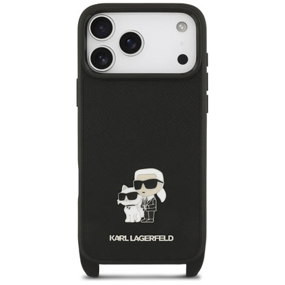 Case for Apple iPhone 18 Pro Max / 17 Pro Max, Karl Lagerfeld, Saffiano Crossbody Metal Pin Karl & Choupette, Black
