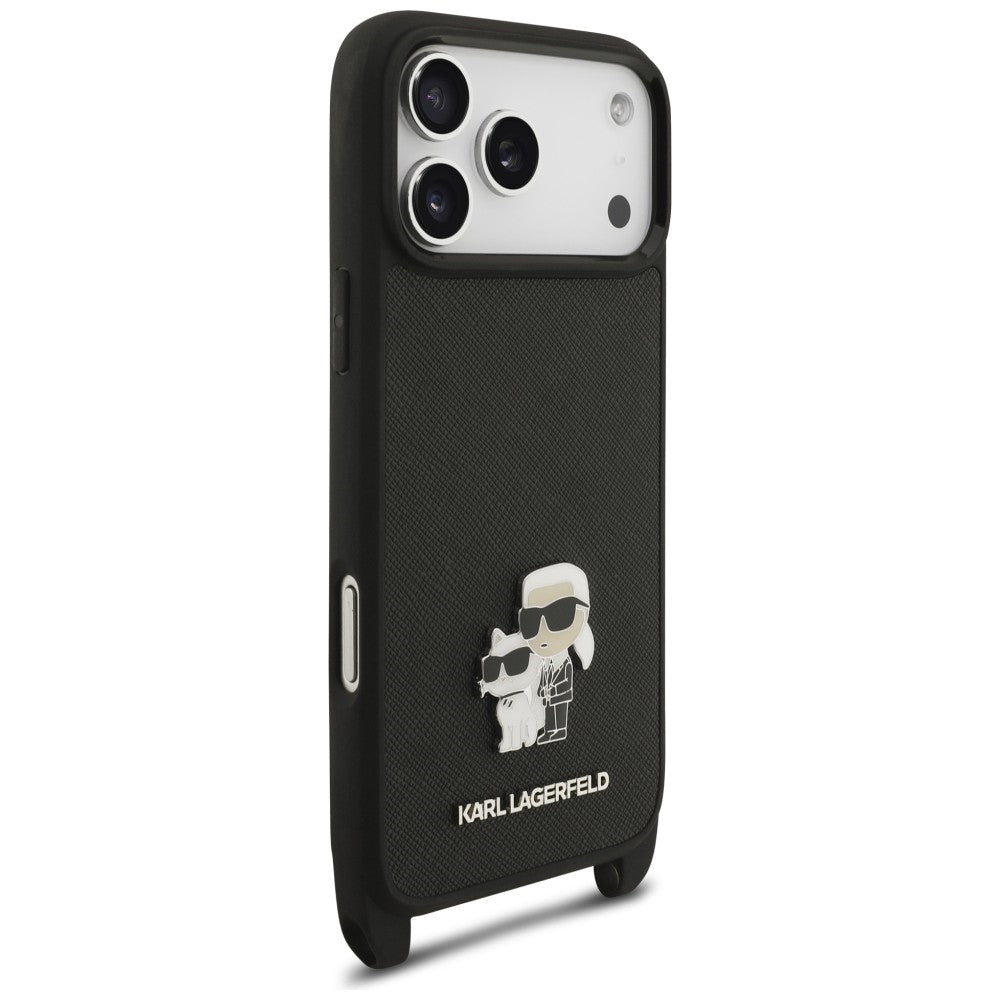 Case for Apple iPhone 18 Pro Max / 17 Pro Max, Karl Lagerfeld, Saffiano Crossbody Metal Pin Karl & Choupette, Black