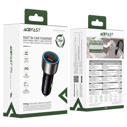 Acefast B21 Car Charger, 75W, 3A, 1 x USB-A - 1 x USB-C, Gray