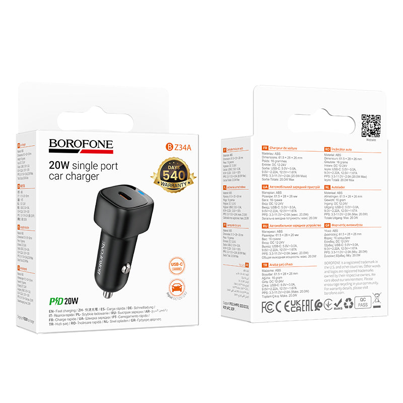 Borofone BZ34A Cloud Car Charger, 20W, 3A, 1 x USB-C, Black