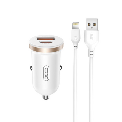 Car Charger with Lightning Cable XO Design CC56, 30W, 3A, 1 x USB-A - 1 x USB-C, White