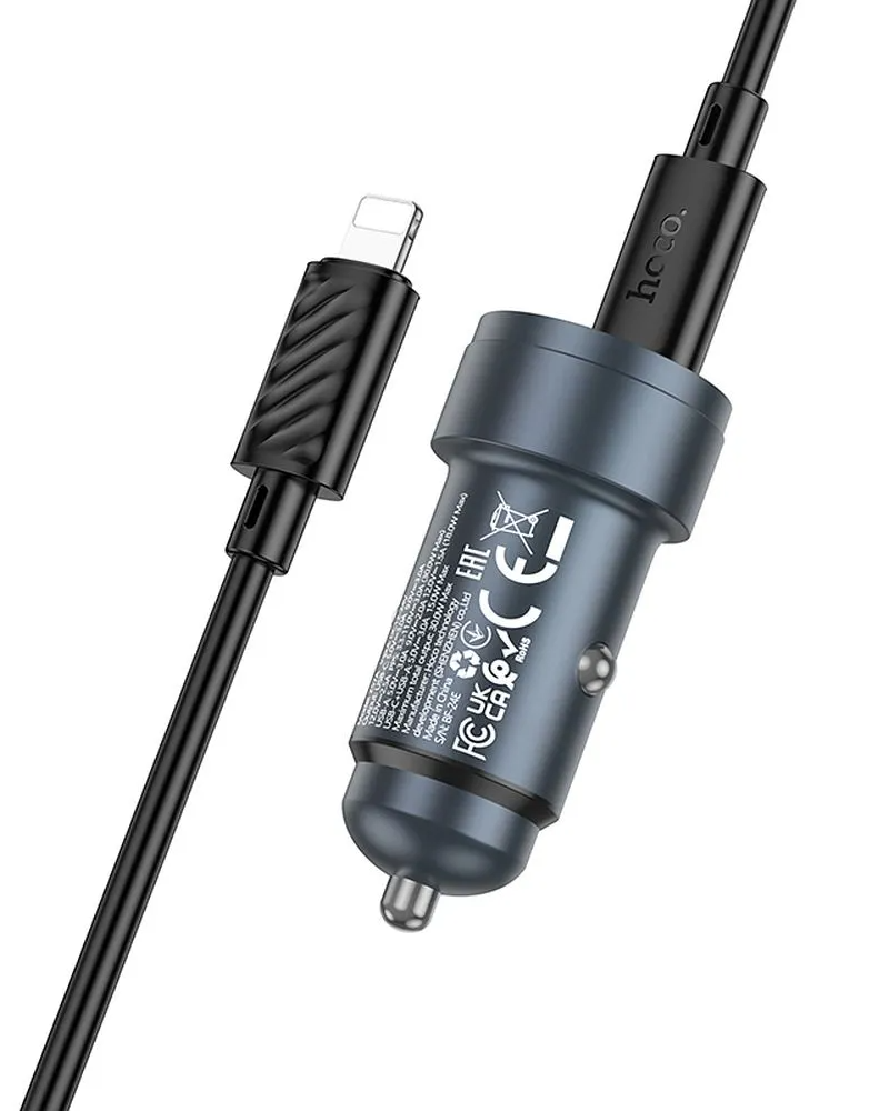 Car Charger with Lightning Cable HOCO Z57A, 30W, 3A, 1 x USB-A - 1 x USB-C, Gray