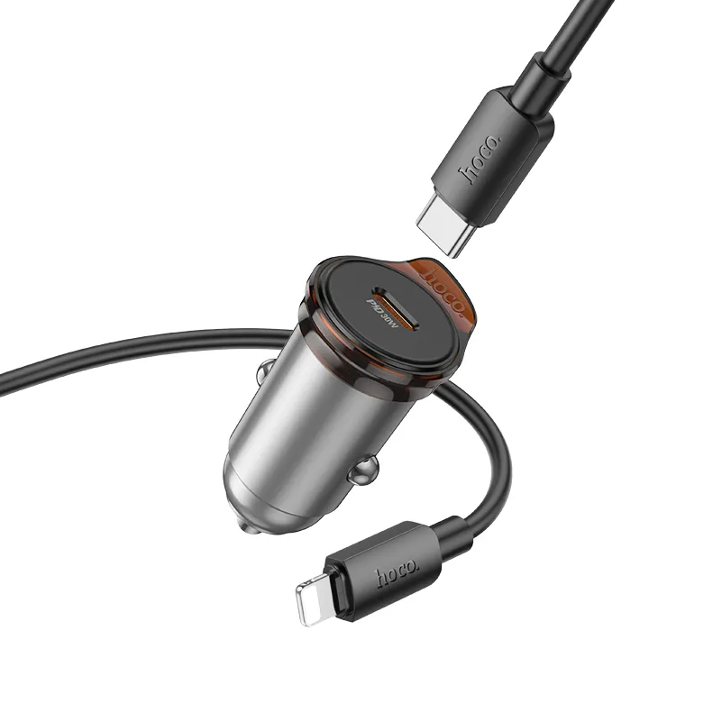 Car Charger with Lightning Cable HOCO NZ16, 30W, 3A, 1 x USB-C, Gray