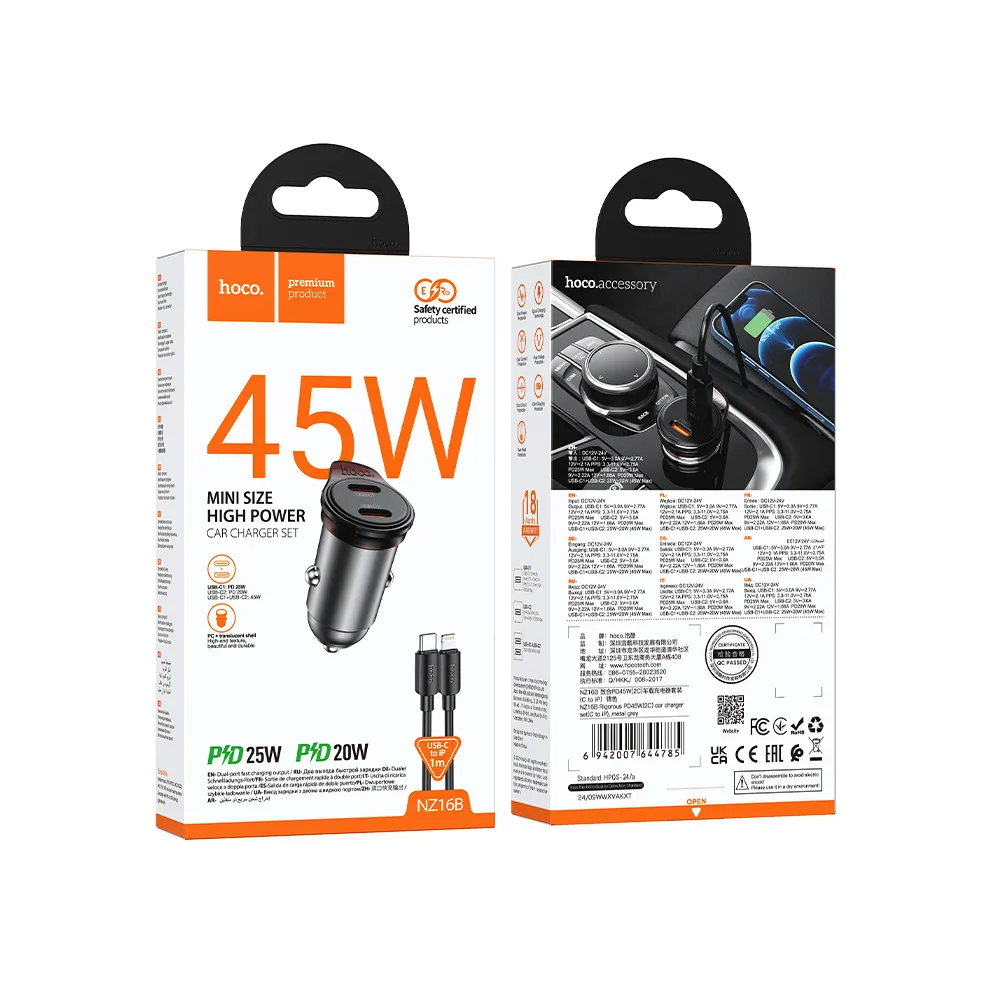 Car Charger with Lightning Cable HOCO NZ16B, 45W, 3A, 2 x USB-C, Grey