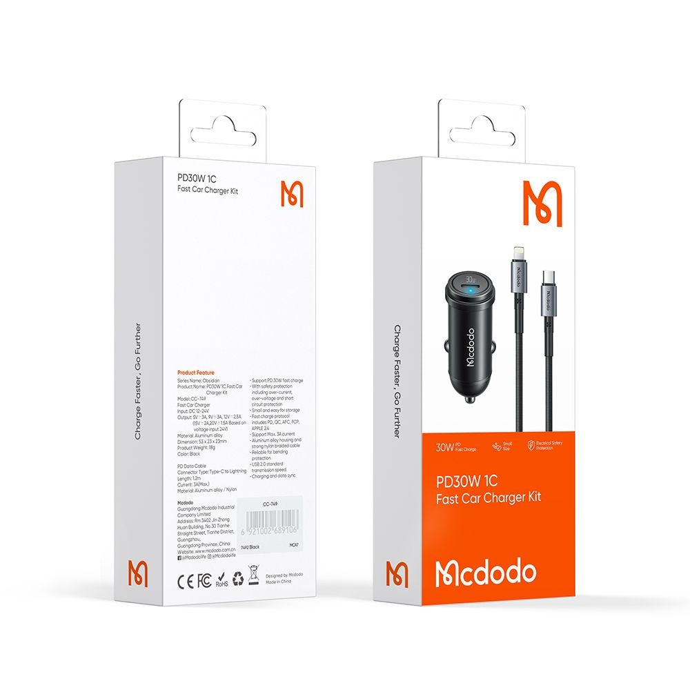 Car Charger with Lightning Cable McDodo CC-7492 Obsidian, 30W, 3A, 1 x USB-C, Black