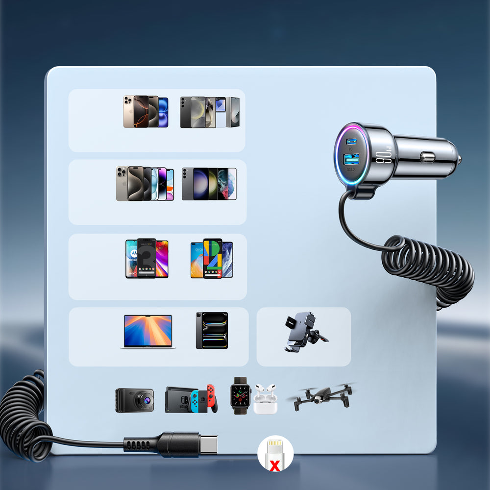 USB-C Wired Car Charger Joyroom JR-CL07, 90W, 3A, 1 x USB-A - 1 x USB-C, Black